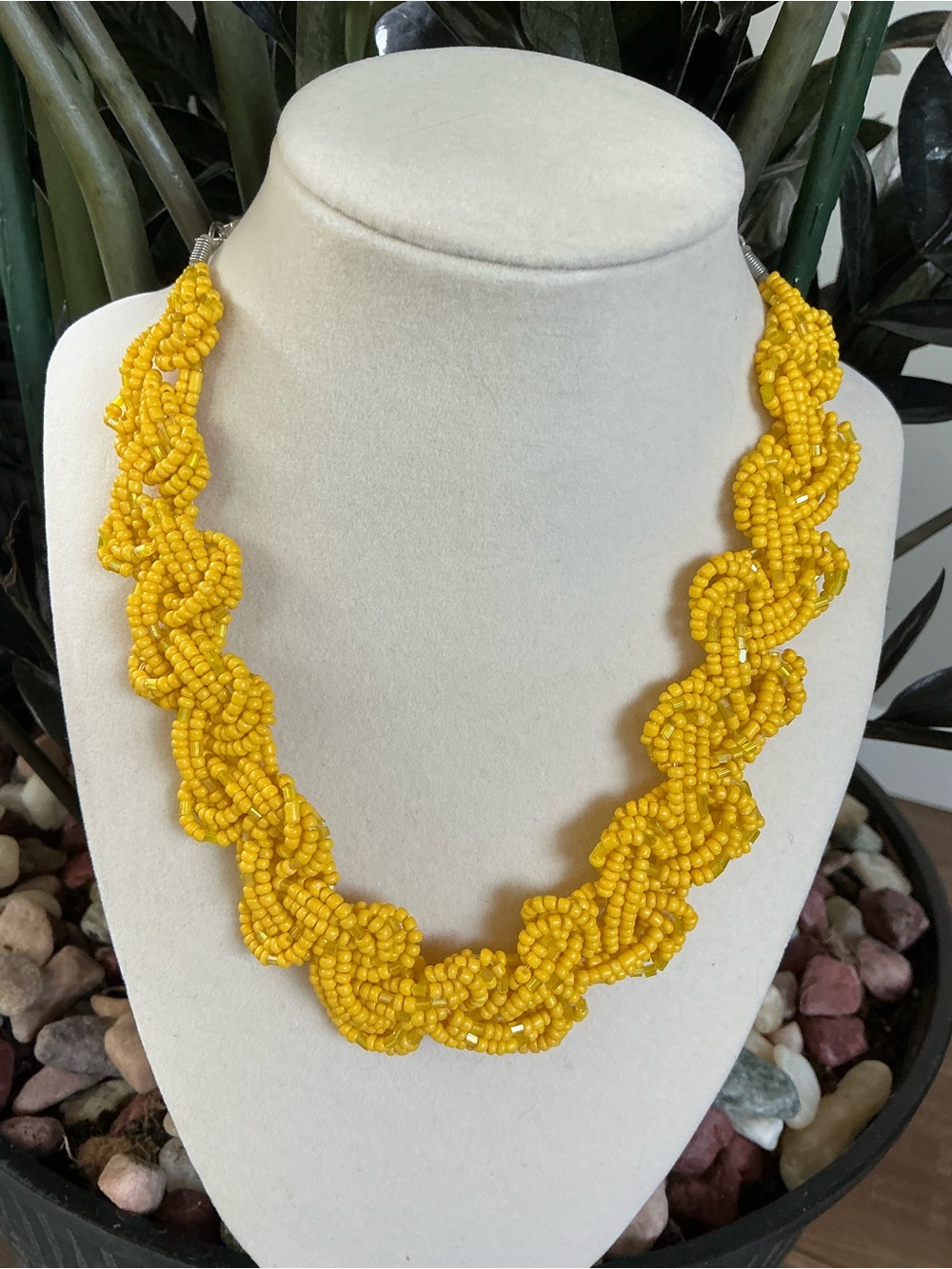 Yellow Braided Seed Bead Statement Necklace - Women